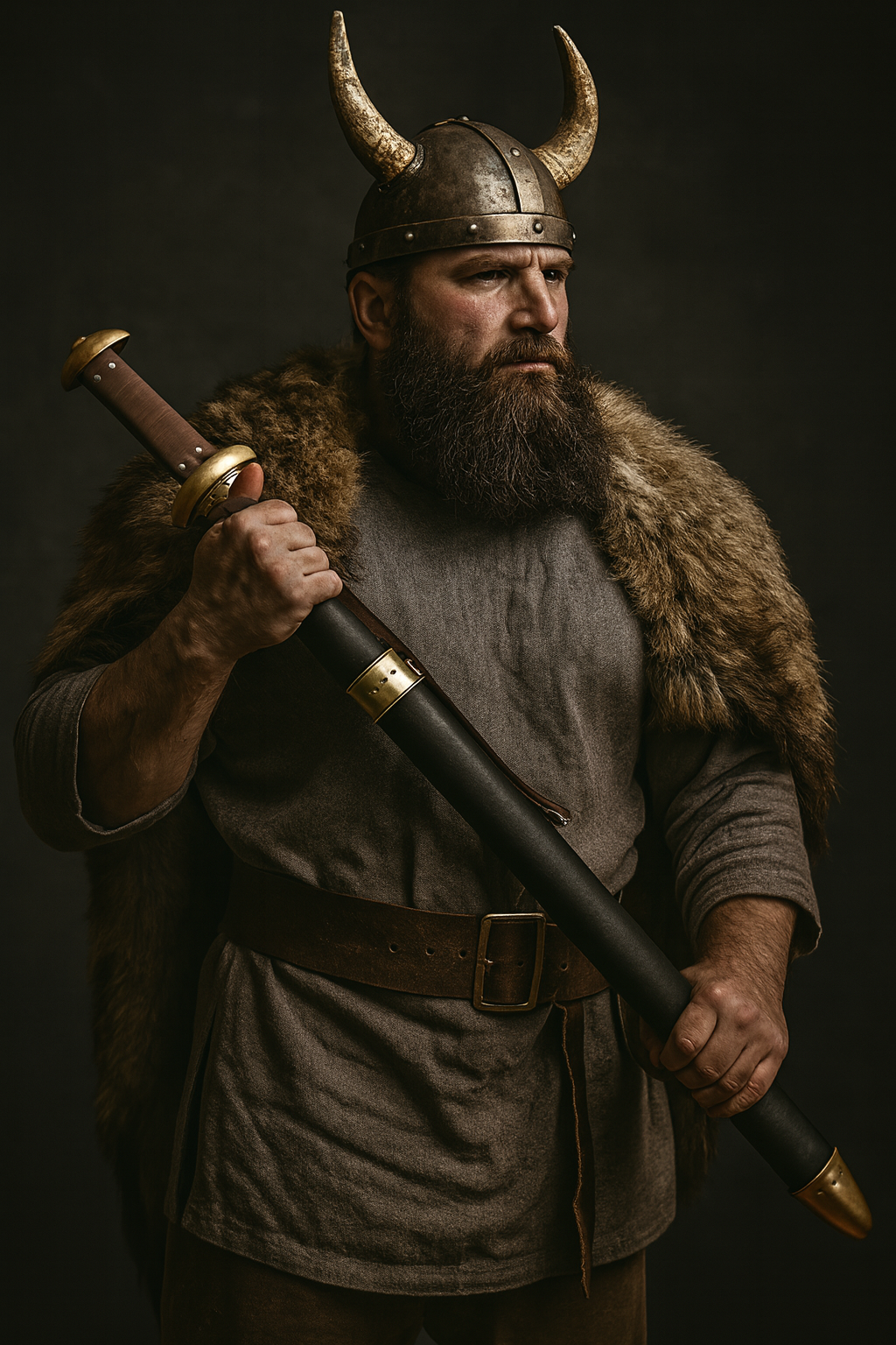 Knight's Collection Godfrid the Battle-Born Viking Sword held by a bearded warrior in a horned helmet