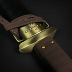 Knights Collection Godfrid the Battle-Born Viking Sword handle with brass guard and leather grip detail