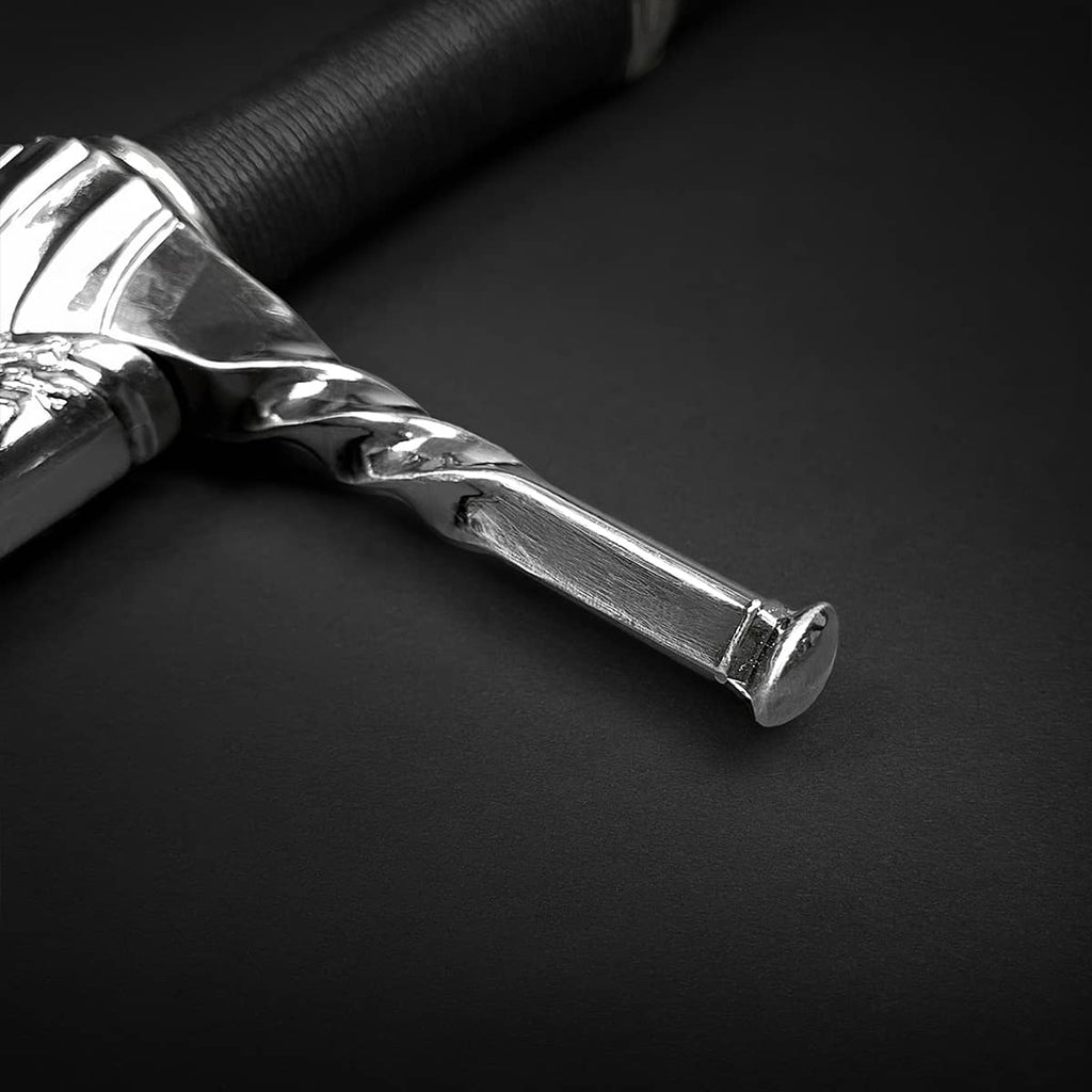 Close-up of Knights Collection Nightwolf Medieval Sword with ornate hilt and polished blade details