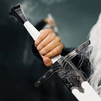 Knights Collection White Knight medieval sword with ornate hilt and grip held by an armored figure