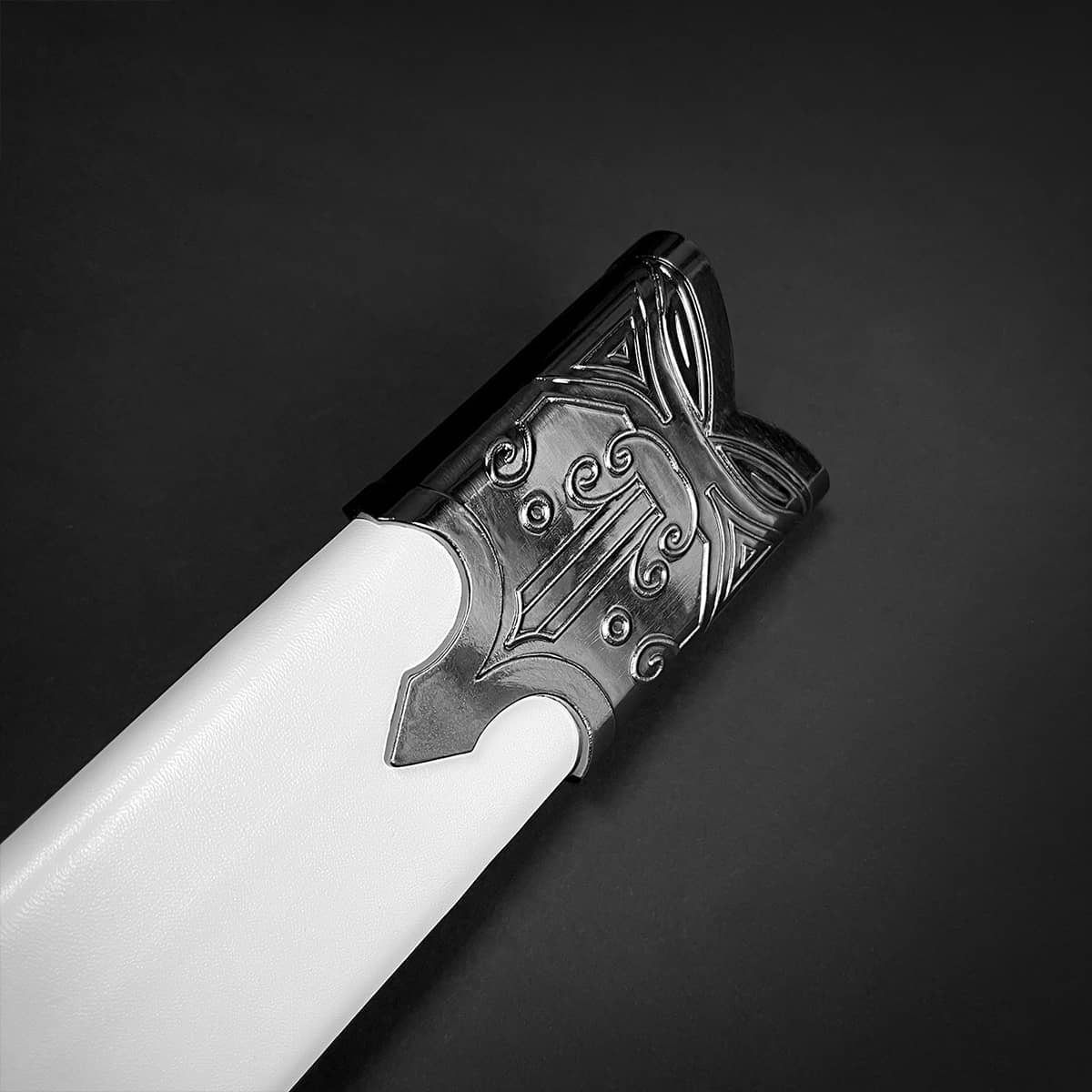 Close-up of the hilt of the Knights Collection White Knight medieval sword with ornate detailing