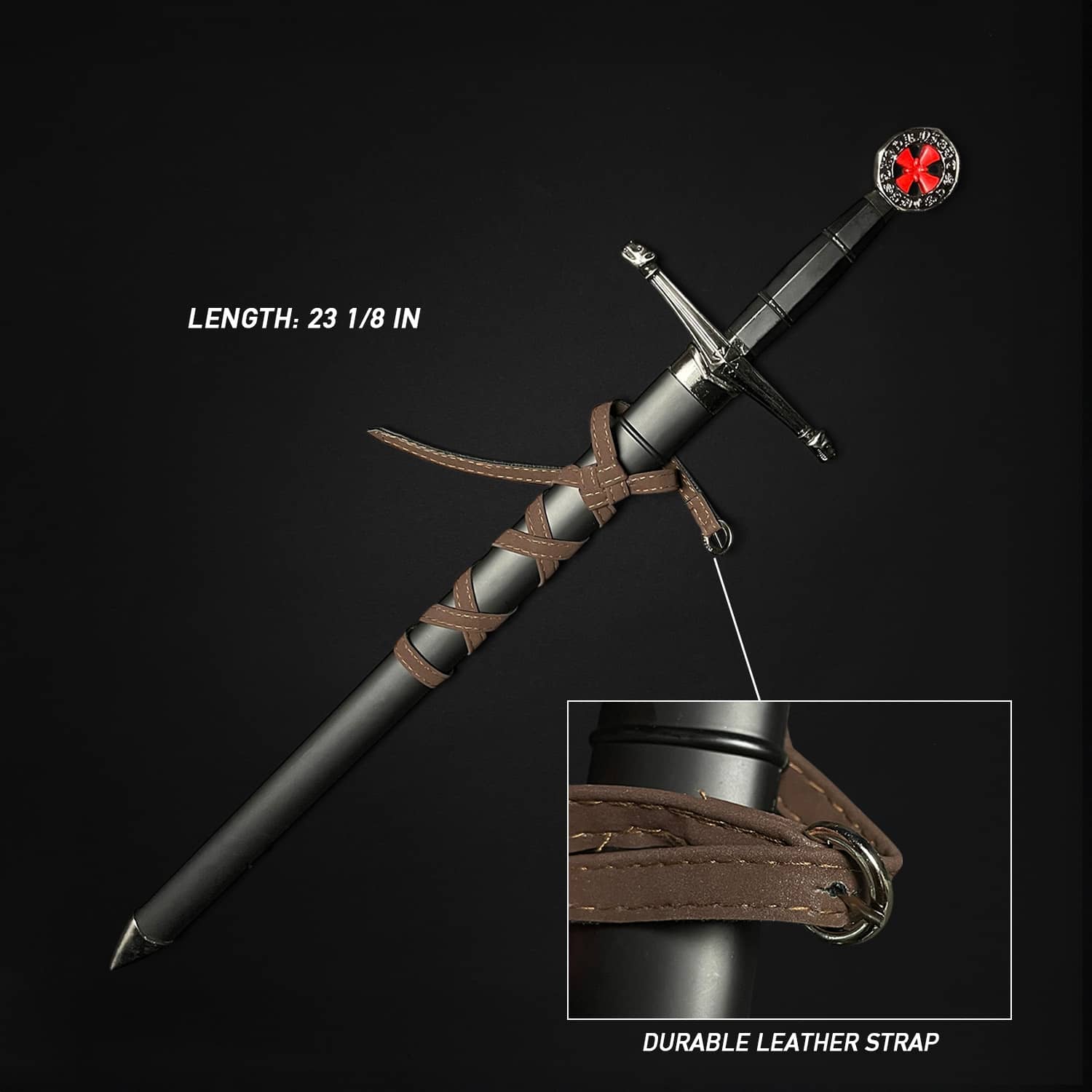 Knights Templar Medieval Sword Replica with a durable leather strap and a sleek black finish