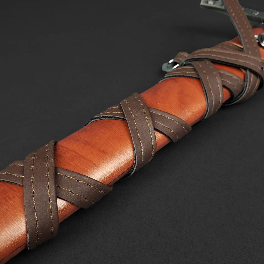 Knights Templar One Hand Short Sword hilt with brown leather grip and intricate lacing detail
