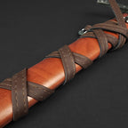 Knights Templar One Hand Short Sword hilt with brown leather grip and intricate lacing detail