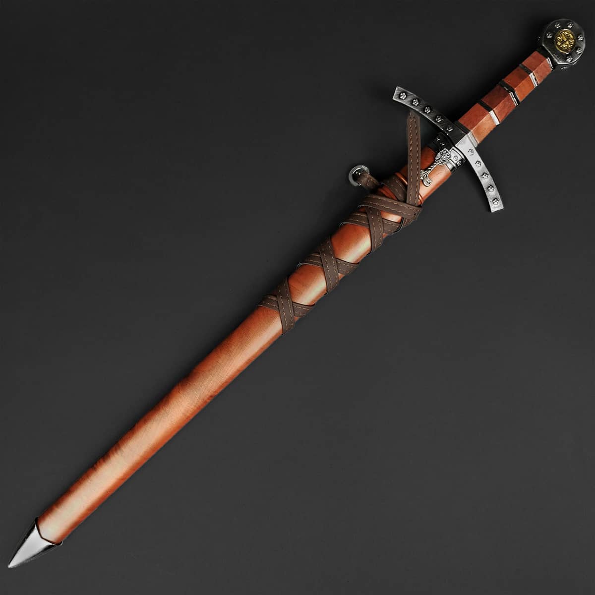 Knights Templar One Hand Short Sword with intricate leather grip and silver details for collectors