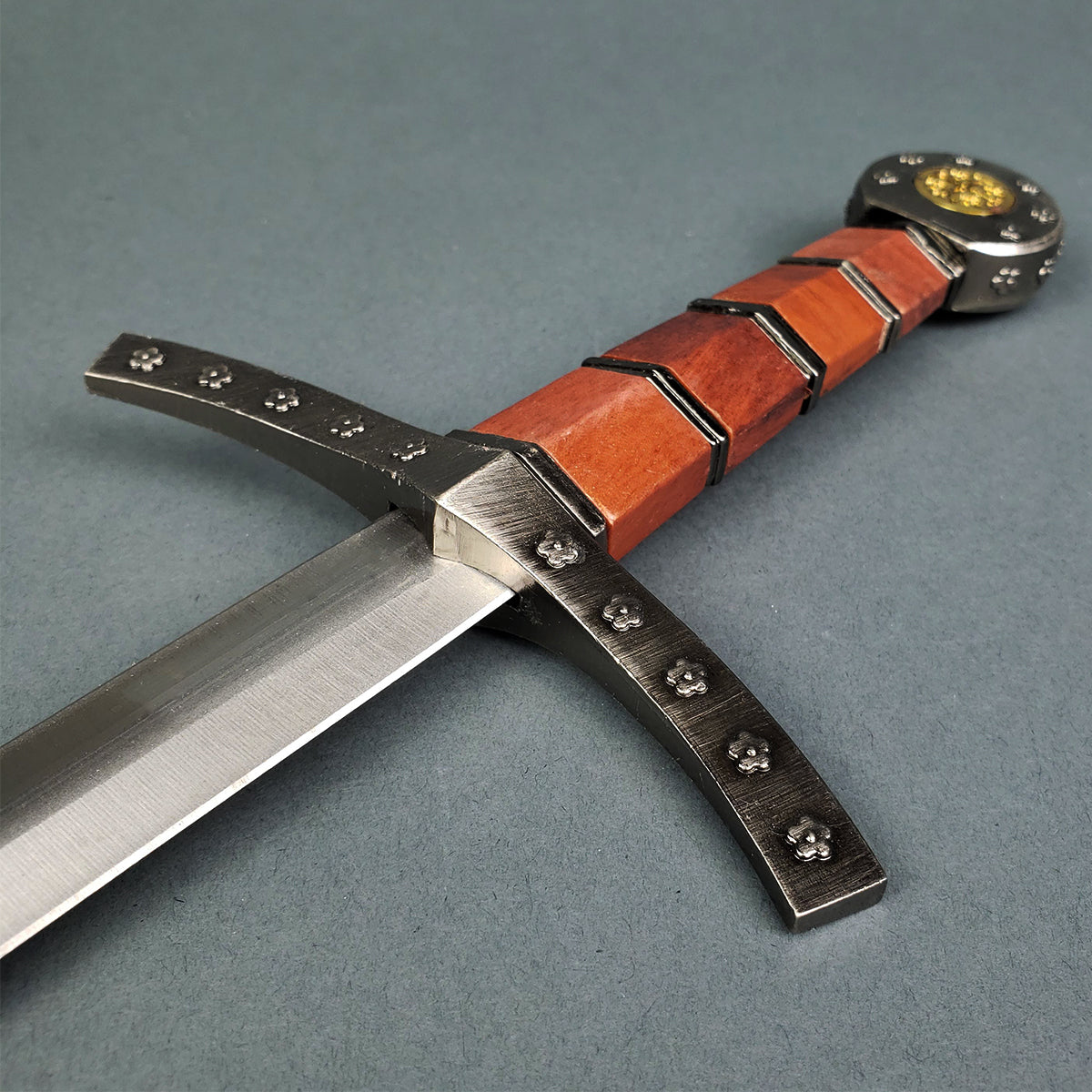 Knights Templar short sword with detailed metal crossguard and wooden handle from Knight's Collection