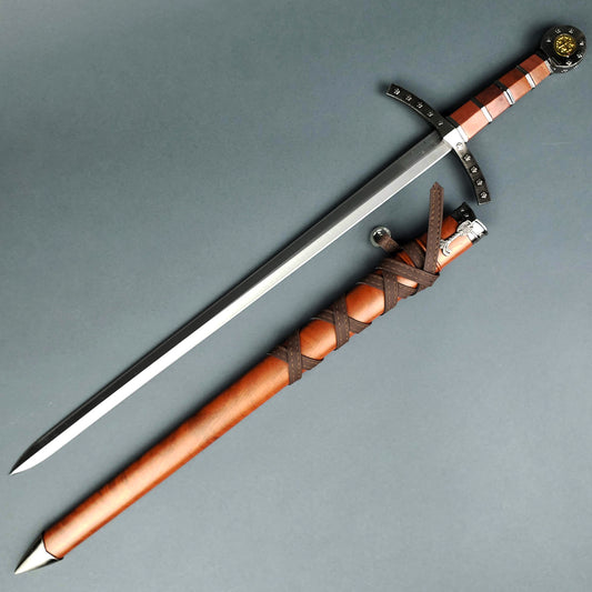 Knights Templar short sword with leather-wrapped handle and matching brown leather scabbard