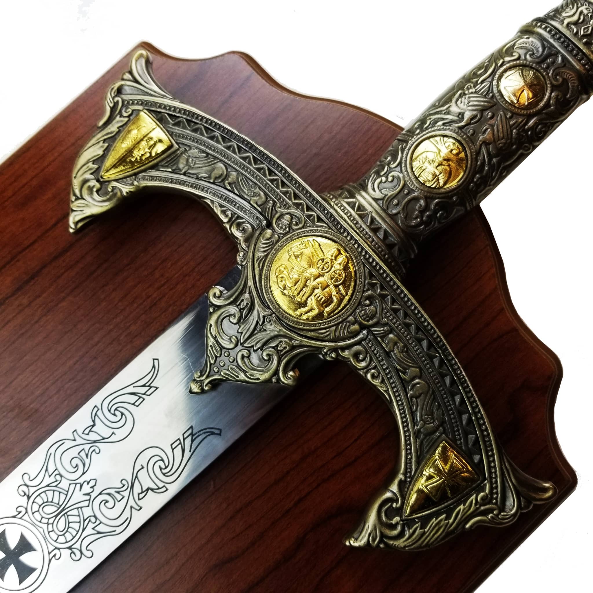 Knights Templar sword replica with ornate gold and silver detailing on hilt and engraved blade from Knight Collections
