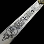 Knights Templar sword replica with intricate black engravings on blade from Knight Collections
