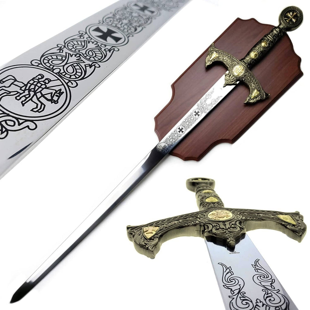 Knights Templar sword replica with detailed gold hilt and engraved blade mounted on wooden plaque