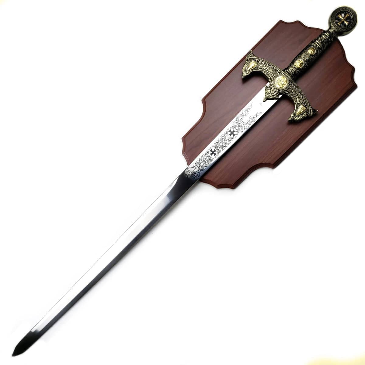 Knights Templar sword replica with ornate gold crossguard and detailed blade mounted on wooden plaque