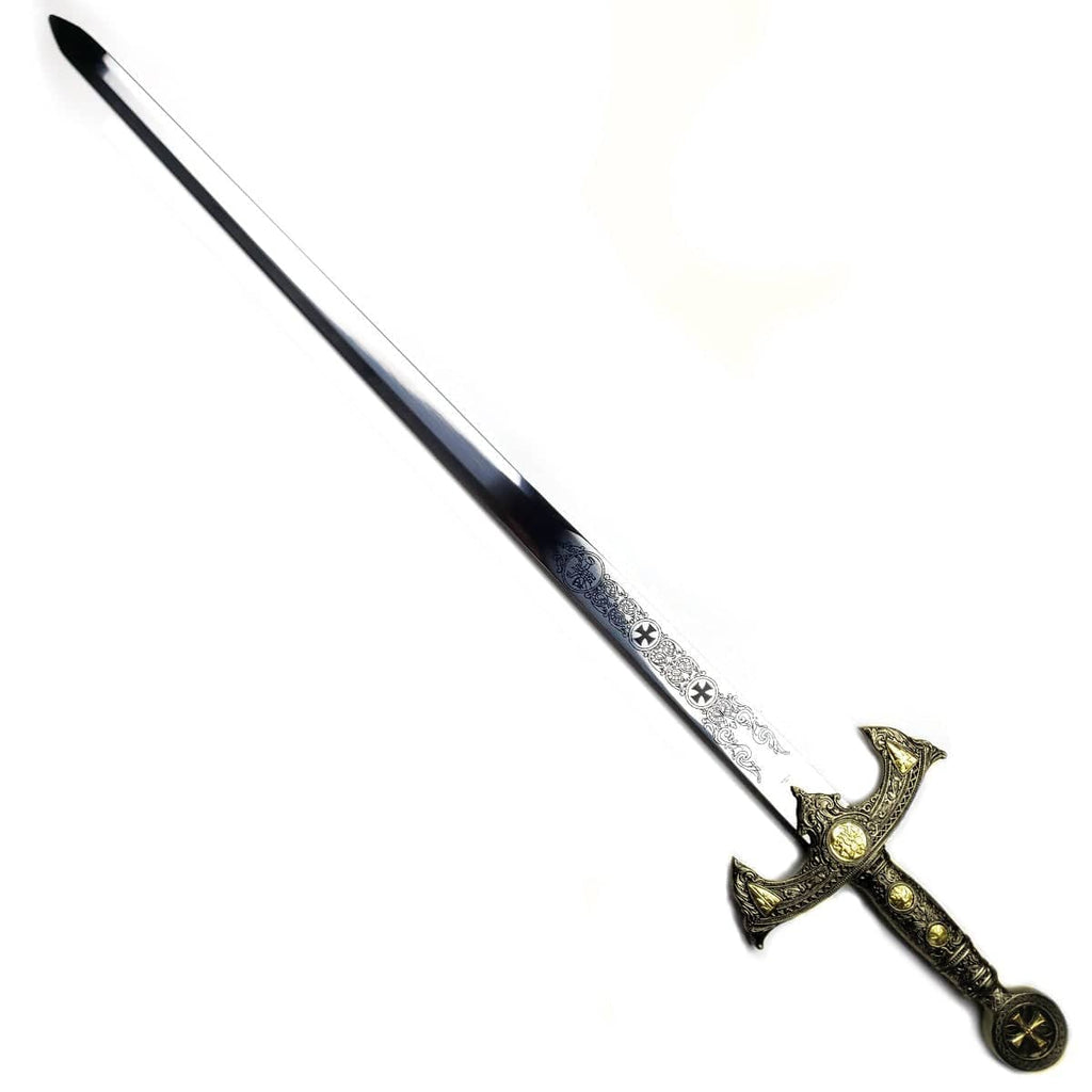 Knights Templar sword replica with engraved blade and ornate gold handle from Knight Collections