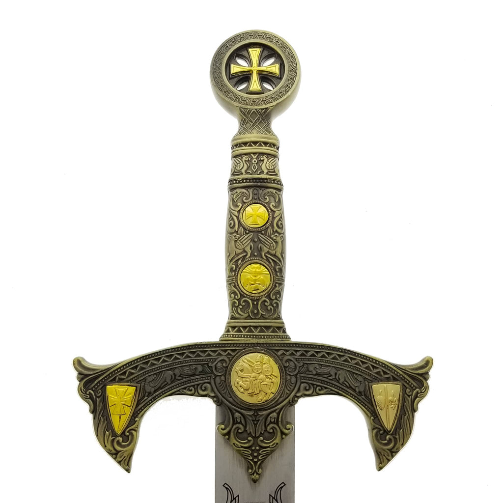 Intricately detailed Knights Templar sword replica with gold and bronze decorative handle by Knight Collections