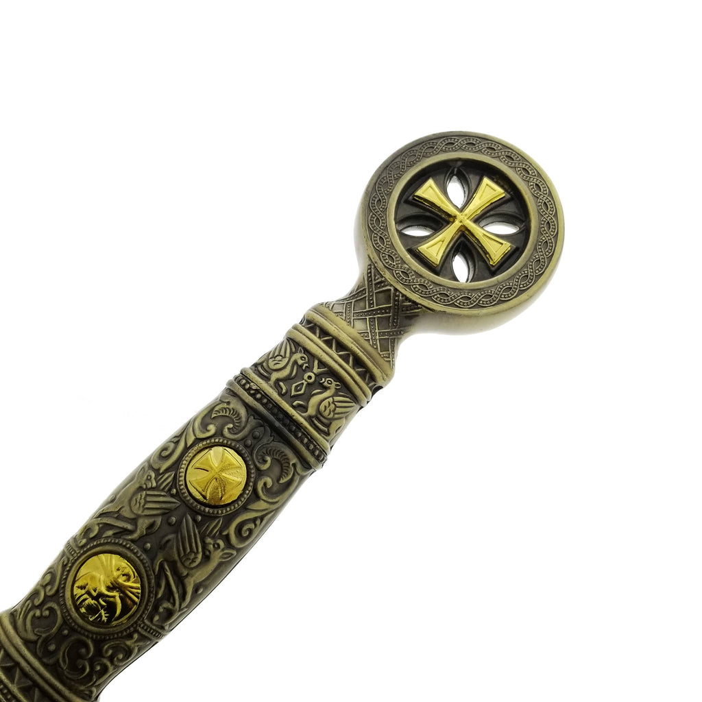 Detailed handle of Knights Templar sword replica with intricate gold and bronze medieval designs