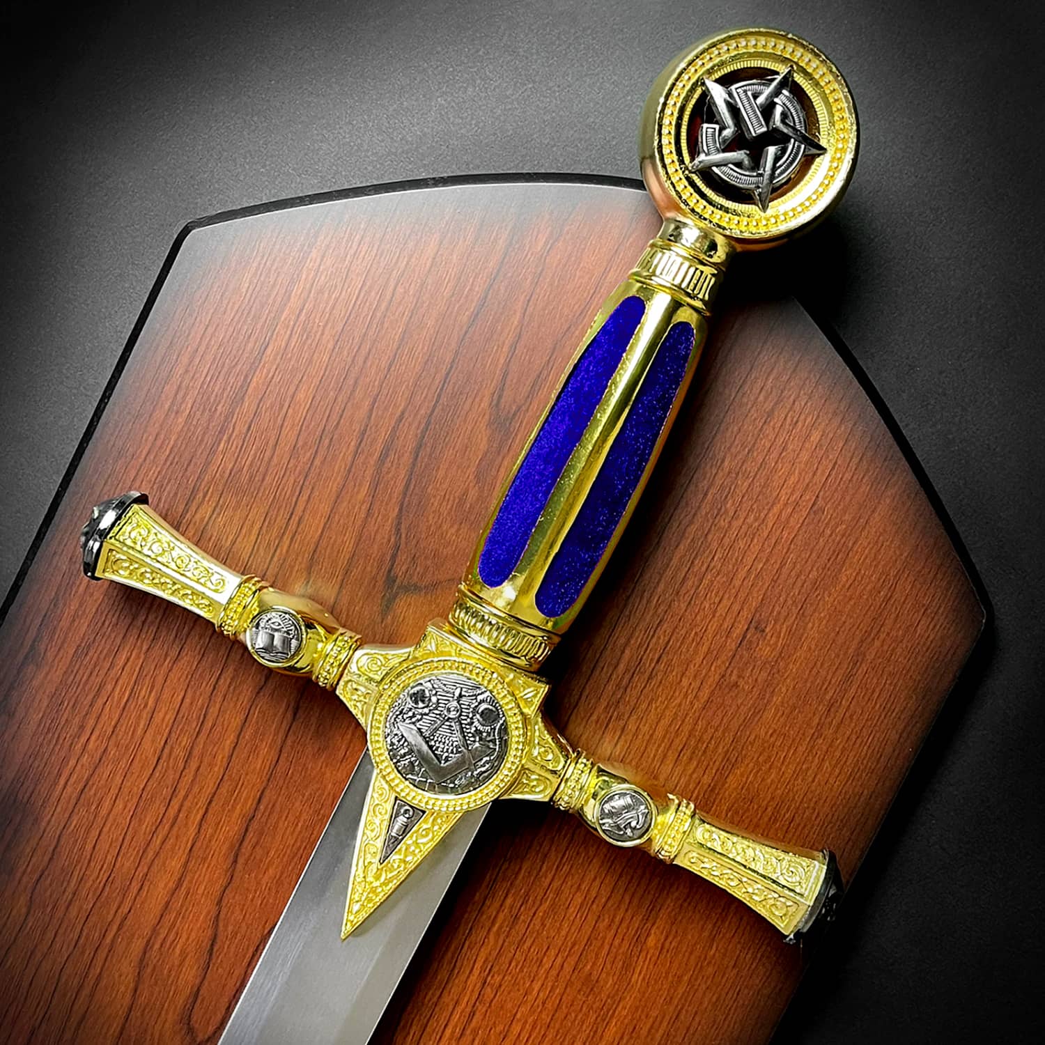 Knights Collection freemason decorative sword with gold engraved hilt blue enamel inlay on wooden display plaque