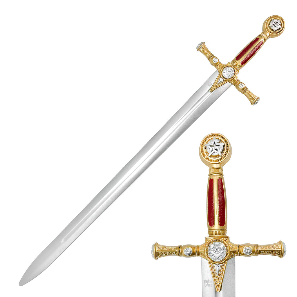 Masonic Red Foam Sword with ornate gold handle and silver blade for safe play and costume use