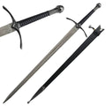 Knights Collection medieval knight sword for cosplay with long double edged blade leather wrapped grip and black scabbard