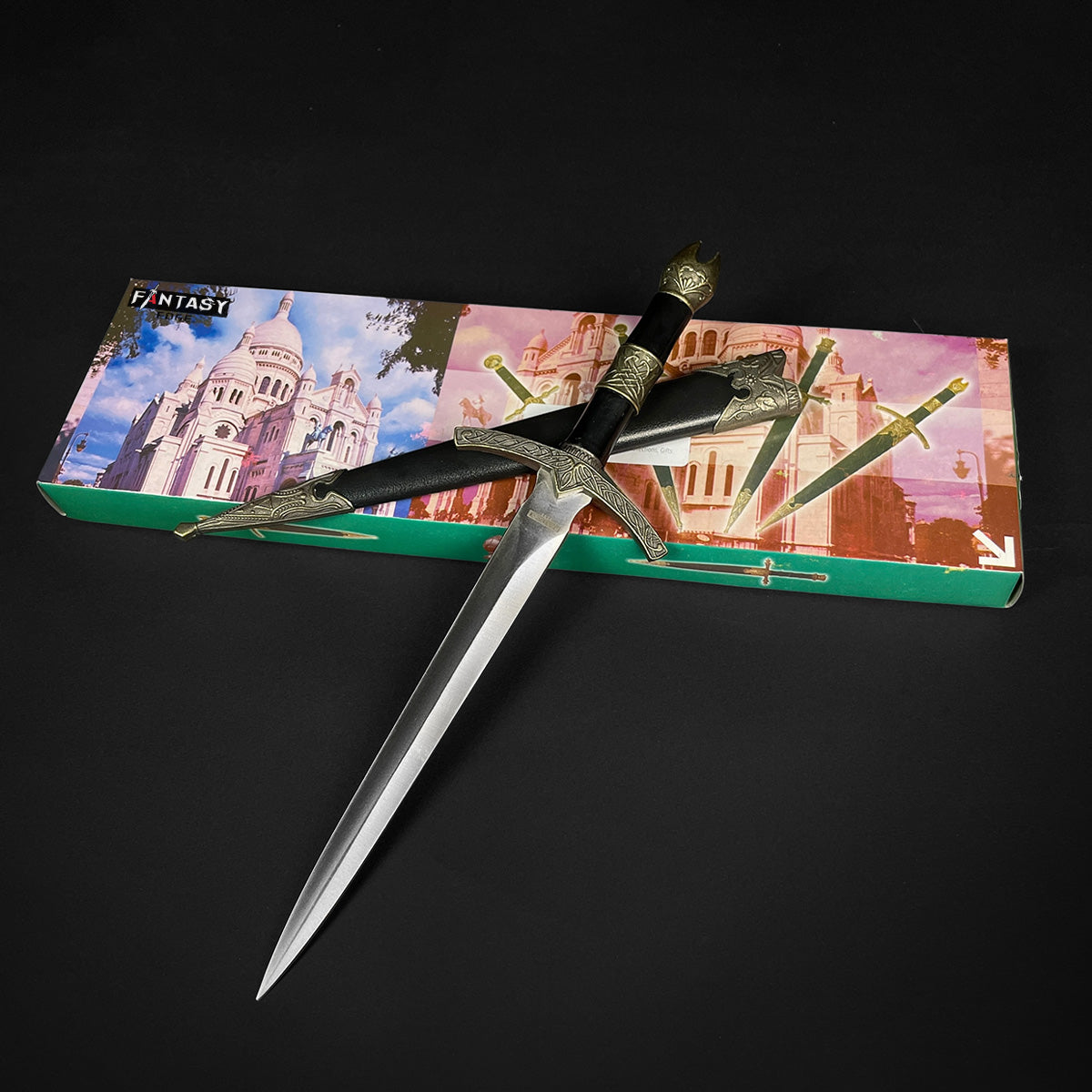 Fantasy Edge Medieval Dagger - Crown and Ornaments Handle with Intricate Design and Display Box