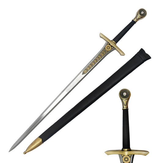Medieval fantasy sword for sale with detailed gold hilt and black scabbard from Knight's Collection