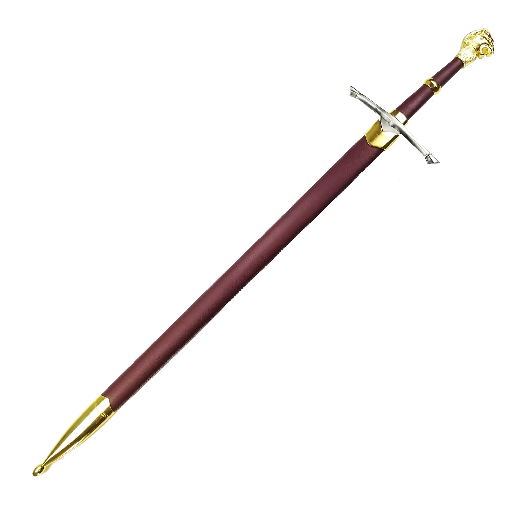 Knight Collections medieval one hand sword with gold lion pommel and brown scabbard