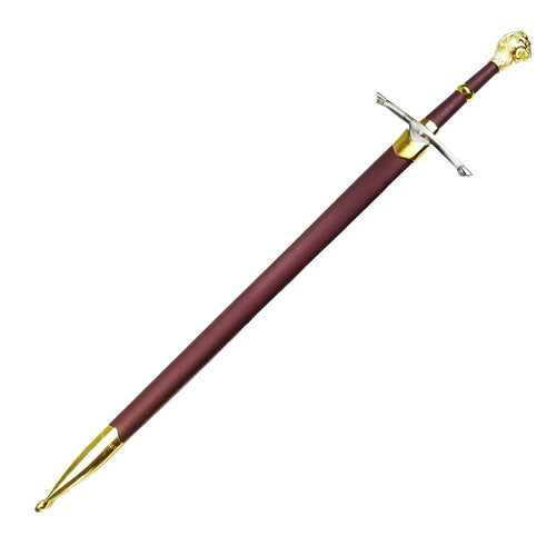 Knight Collections medieval one hand sword with gold lion pommel and brown scabbard