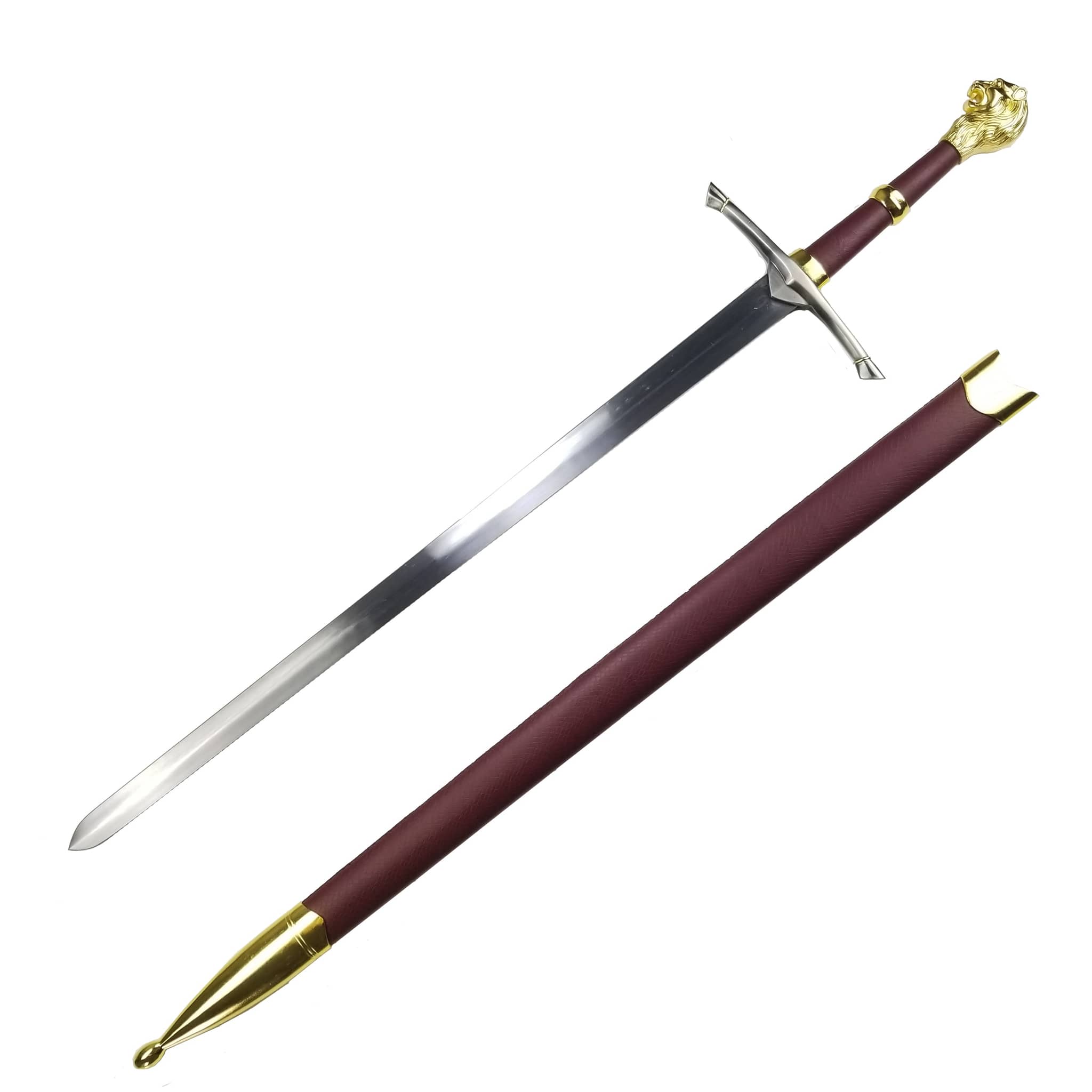 Knight Collections medieval one hand sword with ornate gold and brown handle and matching scabbard