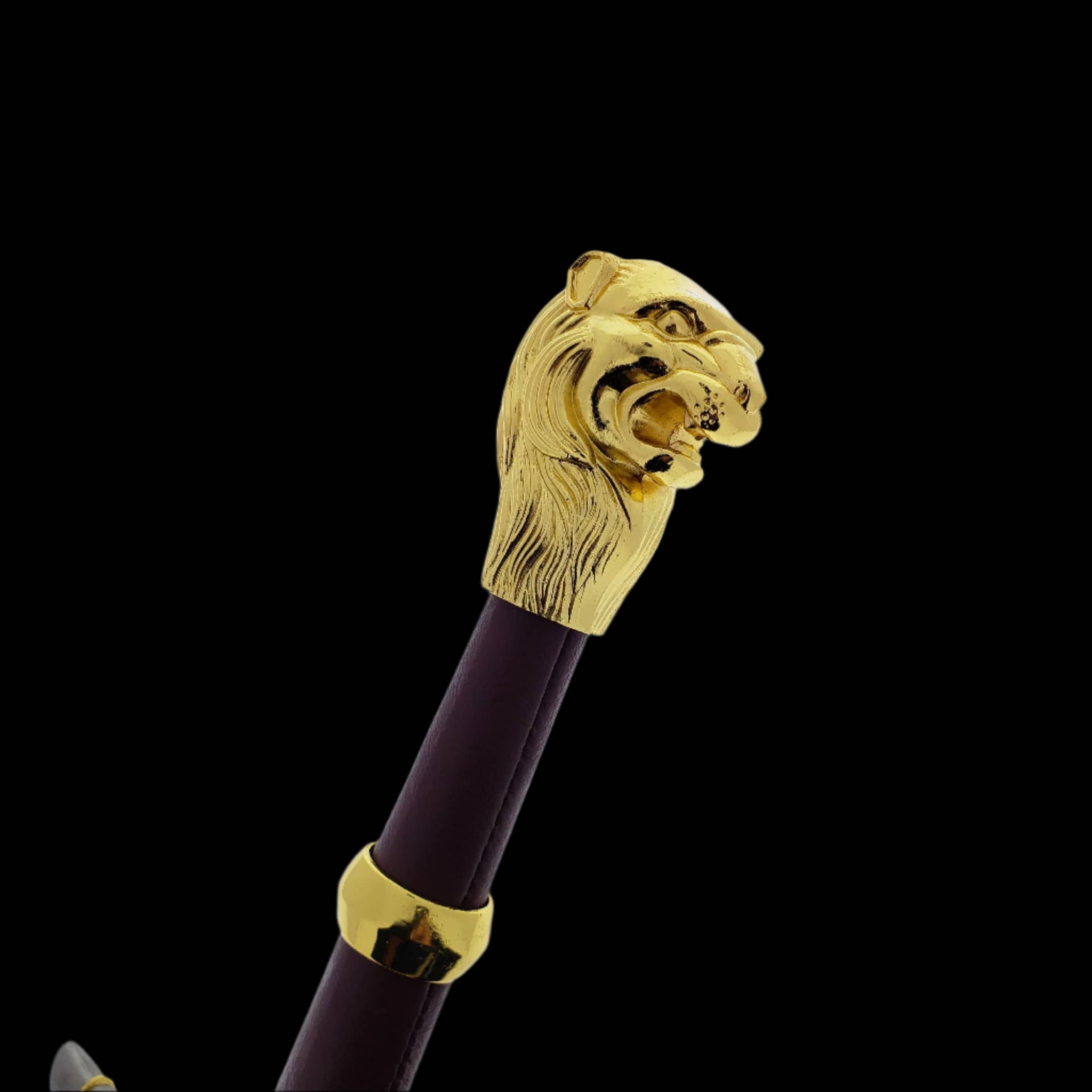 Medieval one hand sword with gold lion head pommel and dark handle from Knight Collections