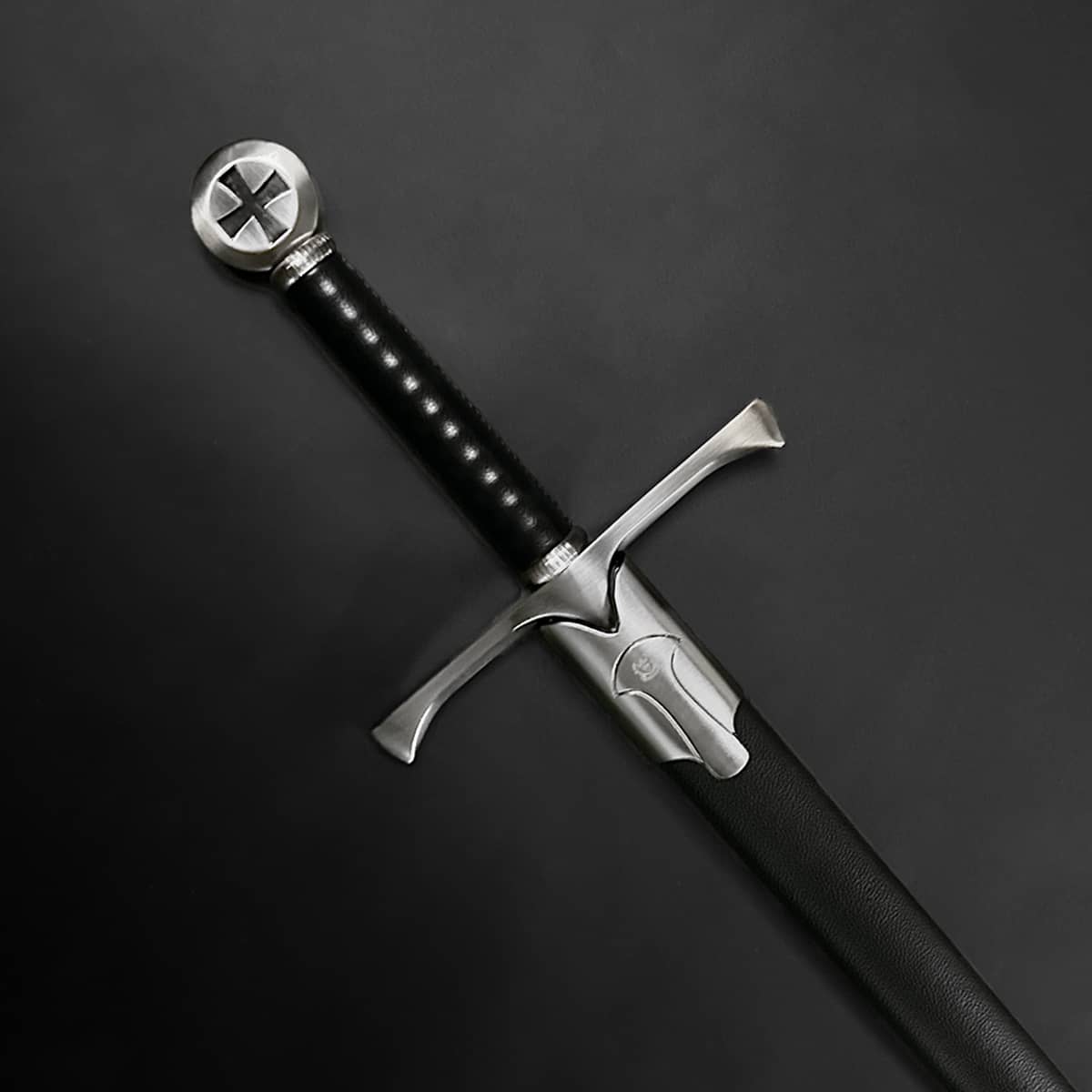 Knights Collection One Hand Templar Sword with black leather wrapped grip stainless steel crossguard and scabbard