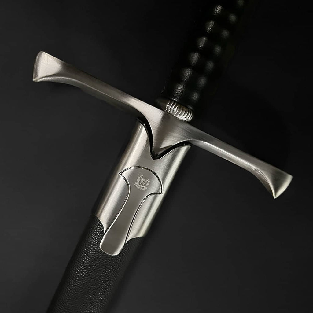 Knights Collection One Hand Templar Sword close up of steel crossguard leather wrapped grip and scabbard