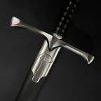 Knights Collection One Hand Templar Sword close up of steel crossguard leather wrapped grip and scabbard