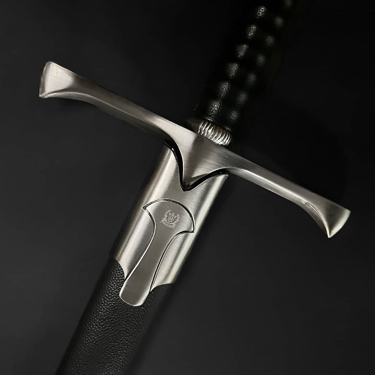 Knights Collection One Hand Templar Sword close up of steel crossguard leather wrapped grip and scabbard