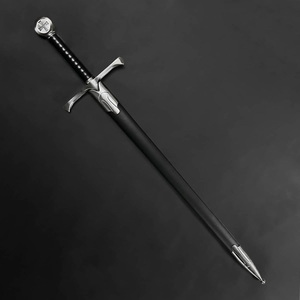 One Hand Templar Sword by Knights Collection with black leather scabbard and polished steel crossguard