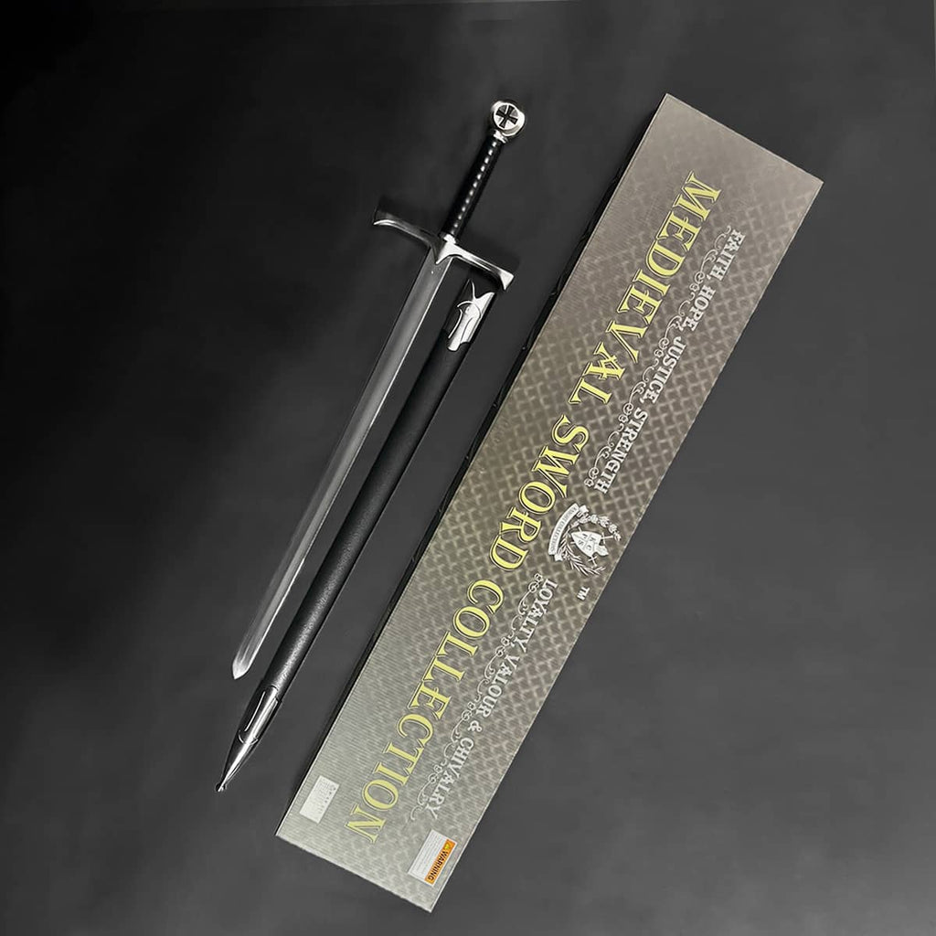 One Hand Templar Sword from Knights Collection displayed with black scabbard and branded box