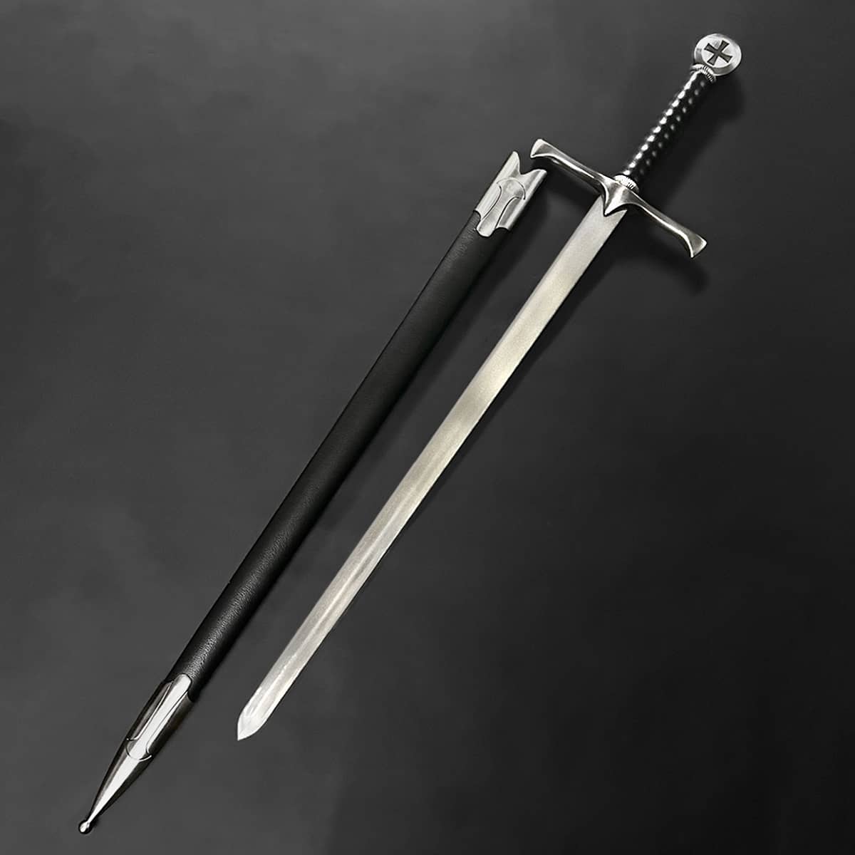 One Hand Templar Sword Knights Collection polished steel blade with black leather scabbard and cross pommel