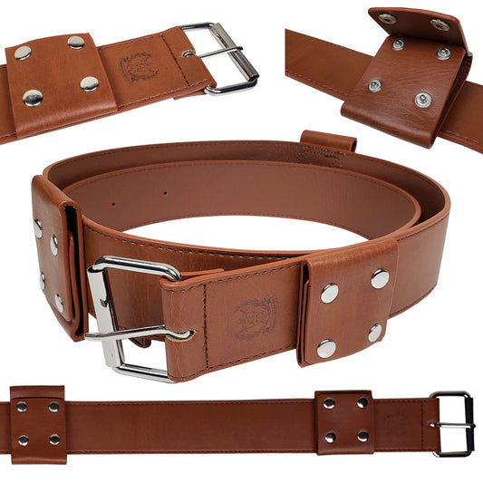 Knight Collections brown leather medieval sword belt with silver buckle and rivet details