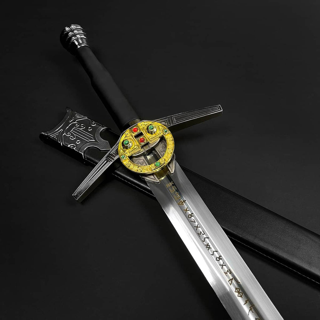Knights Collection medieval sword for sale with jeweled gold guard engraved steel blade and black leather scabbard