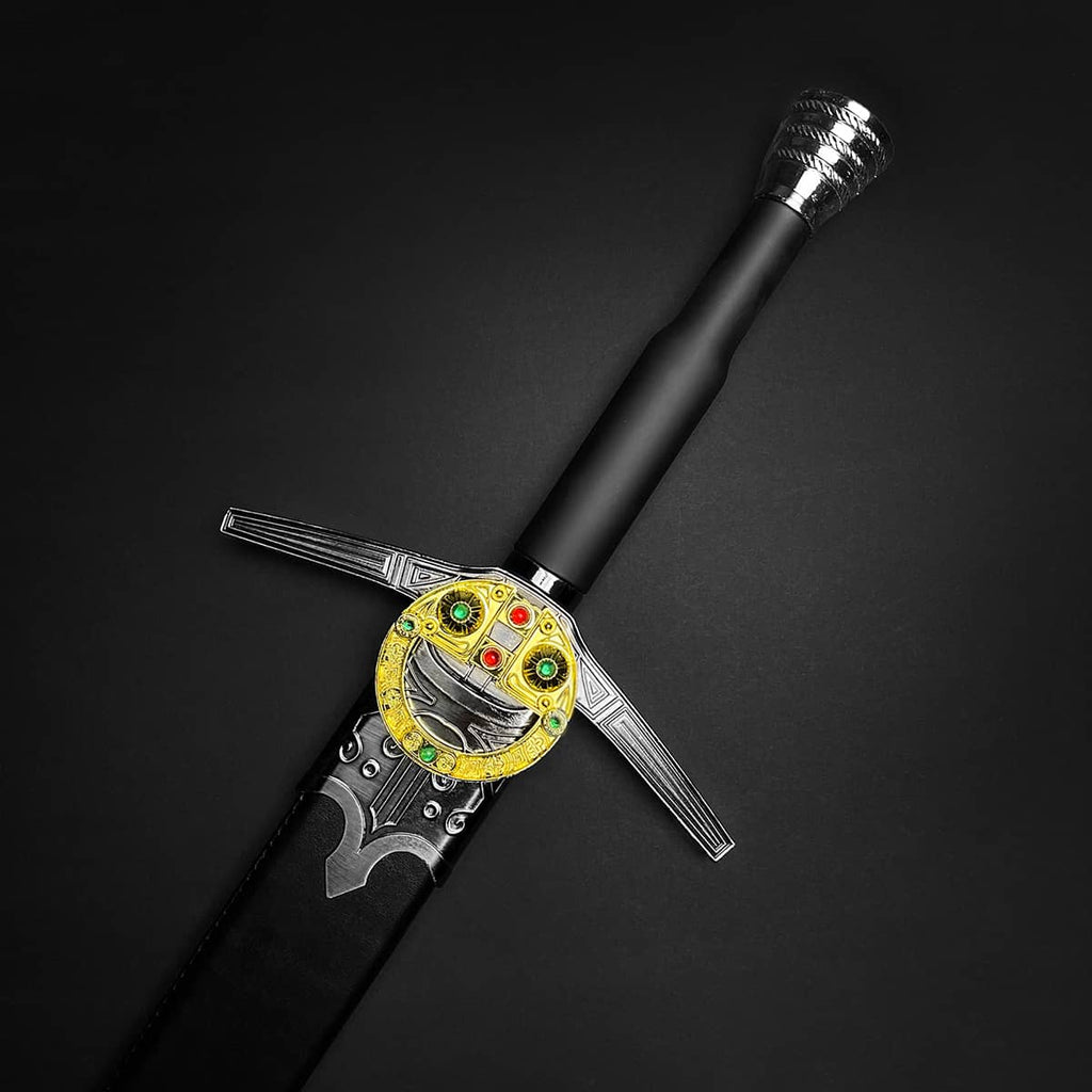 Knights Collection medieval sword for sale with black leather handle, jeweled gold round guard and silver crossguard