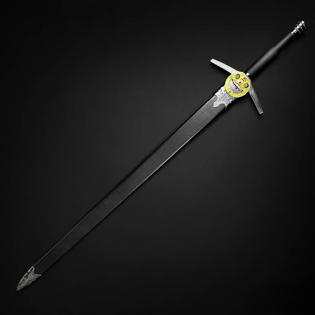 Knights Collection medieval sword for sale long black double edged blade with decorative gold guard and leather grip