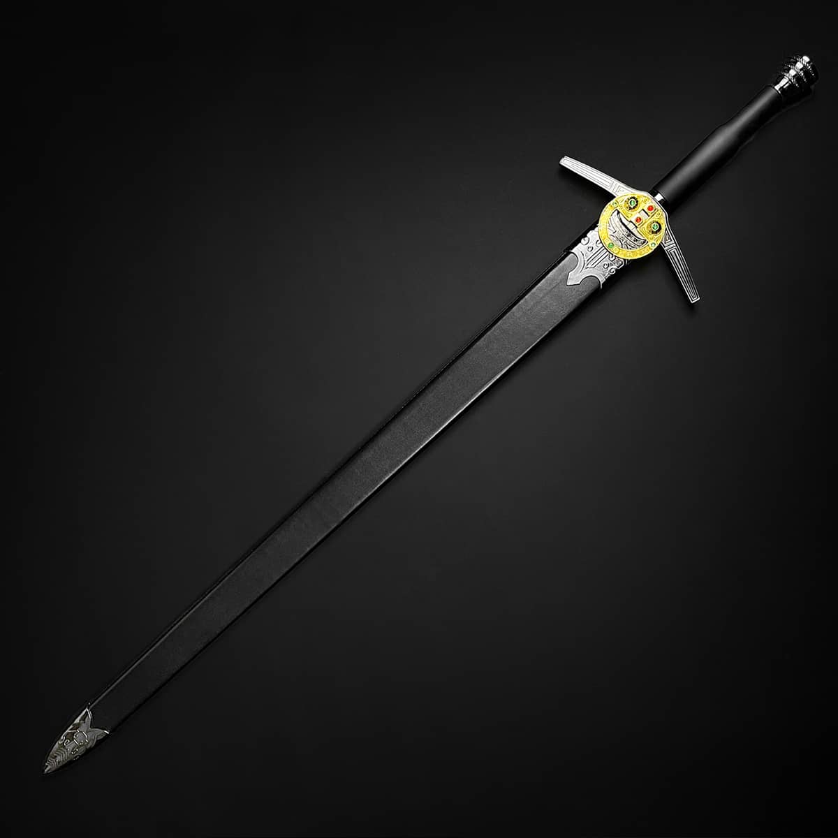 Knights Collection medieval sword for sale long black double edged blade with decorative gold guard and leather grip