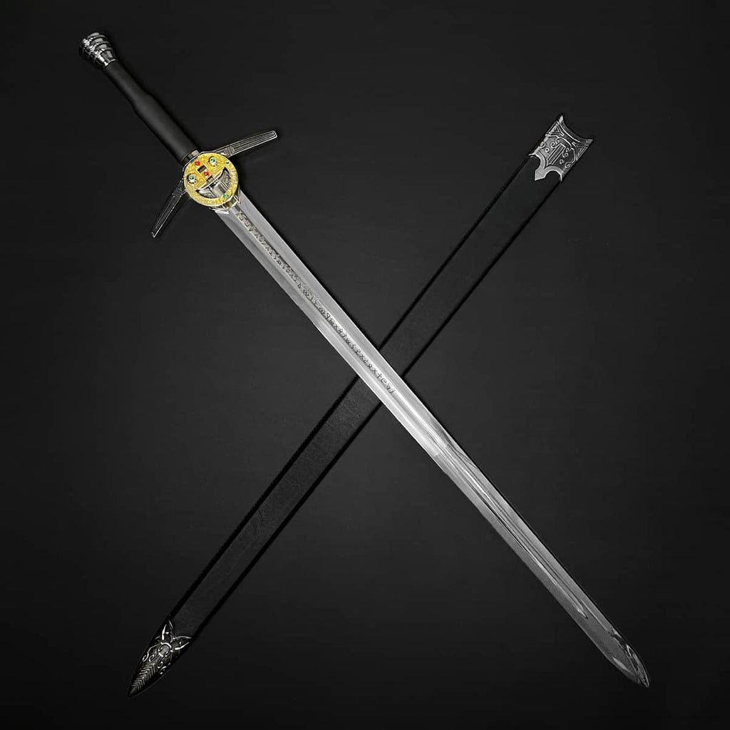 Knights Collection medieval sword for sale crossed with black scabbard long double edged steel blade decorative guard
