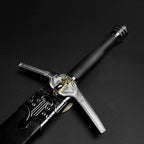 Knights Collection medieval sword for sale with black grip silver engraved crossguard and gold accents