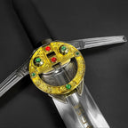 Knights Collection medieval sword for sale ornate gold rondel guard with red and green gems and polished blade