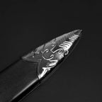 Knights Collection medieval sword for sale leather scabbard with ornate engraved metal chape closeup