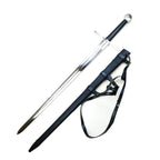 Hand-forged medieval sword replica with black grip and matching scabbard from Knights Collection