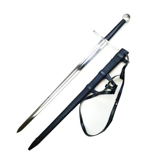 Hand-forged medieval sword replica with black grip and matching scabbard from Knights Collection