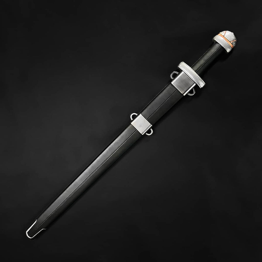 Knights Collection hand-forged viking longsword in black leather scabbard with silver fittings and decorative pommel