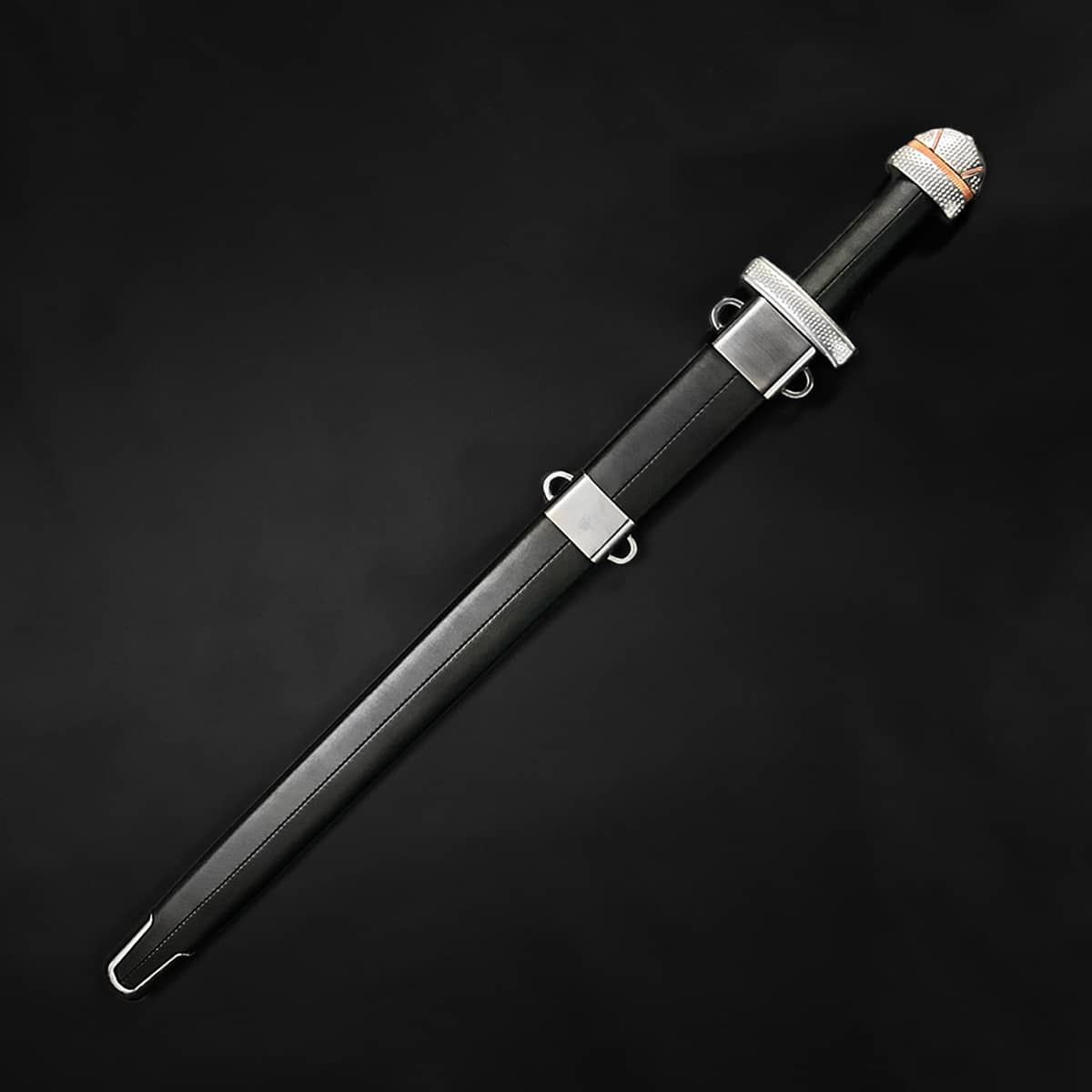 Knights Collection hand-forged viking longsword in black leather scabbard with silver fittings and decorative pommel
