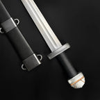 Knights Collection hand-forged viking longsword with double-edged fuller blade, textured guard and black leather scabbard