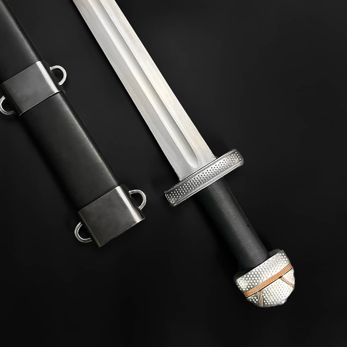 Knights Collection hand-forged viking longsword with double-edged fuller blade, textured guard and black leather scabbard