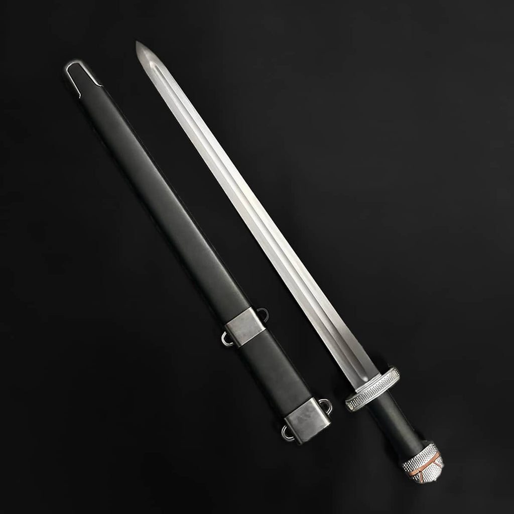 Knights Collection hand-forged viking longsword with steel blade fuller and black leather scabbard